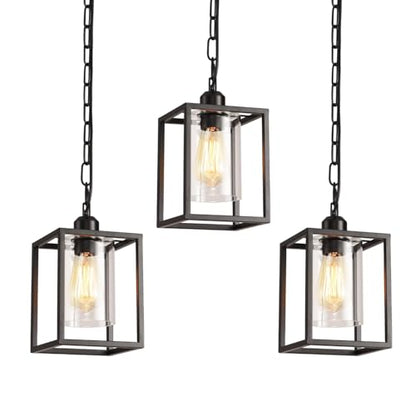 3 Pack Farmhouse Pendant Light,Black Metal Frame Hanging Light Fixture with Clear Glass Shade, Adjustable Chains Industrial Mini Pendant Lighting for Kitchen Island Entryway Porch Foyer - color: 3 Pendant light