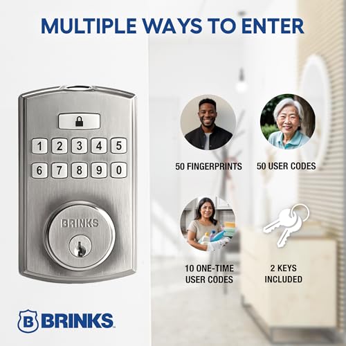 Brinks Fingerprint Door Lock with Lever – Keyless Entry Biometric Lock, Electronic Keypad Fingerprint Deadbolt with Auto-Locking, Front Door Lock and Interior Lever Set, Satin Nickel - color: Satin Nickel, style: Deadbolt & Passage Lever