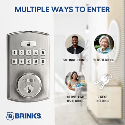 Brinks Fingerprint Door Lock with Lever – Keyless Entry Biometric Lock, Electronic Keypad Fingerprint Deadbolt with Auto-Locking, Front Door Lock and Interior Lever Set, Satin Nickel - color: Satin Nickel, style: Deadbolt & Passage Lever