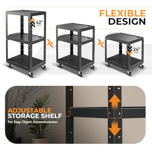 Auto Dynasty Adjustable AV Cart w/Power Strip, 4 ft Rolling Stand, Black - color: Black