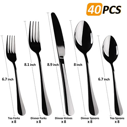 Black Flatware Set for 8,40-Piece Silverware Set for 8, SANLUNS Utensil Sets Tableware Cutlery, Mirror Polished, Dishwasher Safe - color: 40 Piece-Black