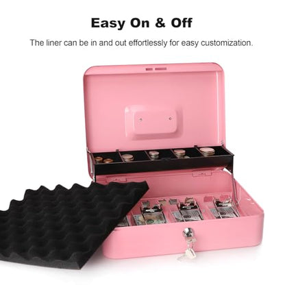 Cash Box with Key Lock & Foam Auto-Pop Coin Tray – Secure Steel Money Box with 4 Upgraded Finger-Safe Bill Clips, Premium Smooth Scratch-Resistant Coating, 11.8"L x 9.5"W x 3.5"H, KL Pink - color: KL Pink