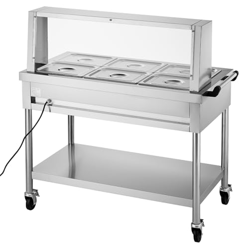 VEVOR 6-Pan Commercial Food Warmer, 6 x 1/2 Pans Electric Steam Table, 1500W Professional Buffet Catering Food Warmer with Shield Undershelf Wheels, Stainless Steel Server for Party Restaurant - size: 6*1/2 Pans