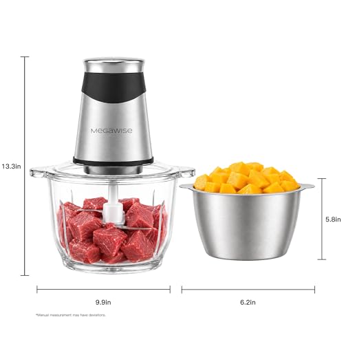 MEGAWISE 800W Electric Food Chopper, 2.2L Glass & 1.2L Stainless Bowls