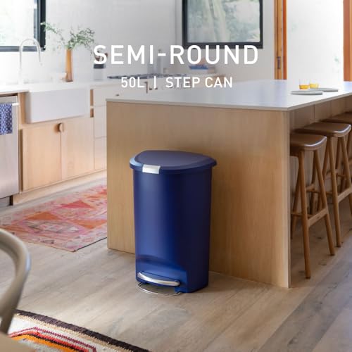 simplehuman Semi-Round Step Can, 50L / 13 Gallon Kitchen Trash Can, Studio Edition, Pet-Proof Slide Lock, 150,000-Step Pedal, Lid Shox® Silent Close, Indigo Plastic - color: Indigo