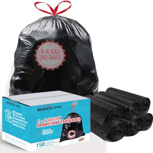 BEIDOU-PAC 4-6 Gallon Trash Bags Drawstring, 150 Count Bulk Value Pack, Black & Unscented Multi-purpose Garbage Bags for Business Home Bathroom Kitchen Commercial and Industrial - style: 4-6 Gallon |150 Count(Value Pack)