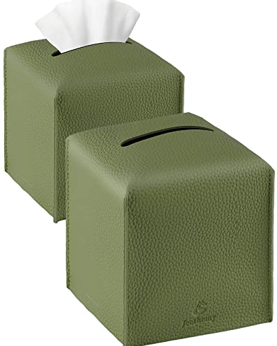 Tissue Box Cover, Jeethemy Square PU Leather Tissue Box Holder, Modern Tissue Case Facial Paper Organizer Dispenser，5X5X5'',Double Green - color: Double Green