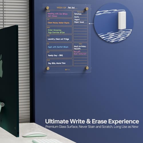 Yeoux Clear Glass Golden Weekly & Menu Dry Erase Calendar Board 15“x11 - color: Clear, size: 11"W x 15"H
