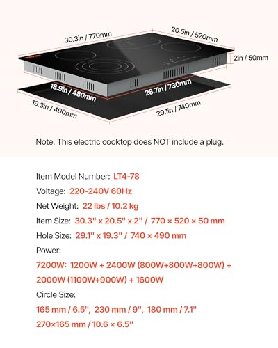 VEVOR 30" 4 Burner Built-in Electric Radiant Cooktop, Touch Sensor Ceramic Stove Top, 7200W,240V Hardwired No Plug, Residual Heat Indicator, Timer Child Lock, 9 Power Levels for Simmer, Steam, Fry - size: 30 IN-4 Burner+Touch Control