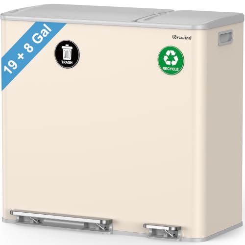Dual Trash and Recycling Bins for Kitchen, 19+8 Gallon (72+30L) Stainless Steel Trash and Recycle Bin Combo with Soft-Close Lid, Large Garbage Cans for Kitchen Home with 2 Magnets Sticker, Apricot - color: Apricot