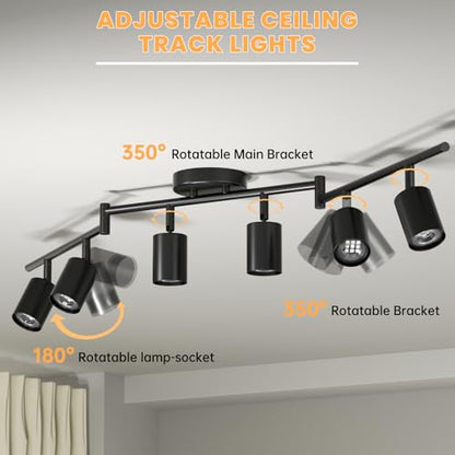 LED 6 Light Track Lighting Kit, 48" Black 6 Way Ceiling Spotlights Fixture, 3 CCT Adjustable, with Flexibly Rotatable Light Heads for Kitchen, Living Room, Bedroom, Includes 6 x GU10 Bulb - color: Black, size: 6