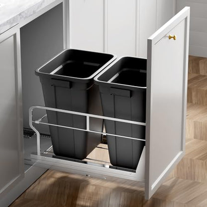 Insputer Dual 40QT Pull Out Trash Can Under Cabinet with Soft-Close Slides - color: Silver, size: Double-10Gal