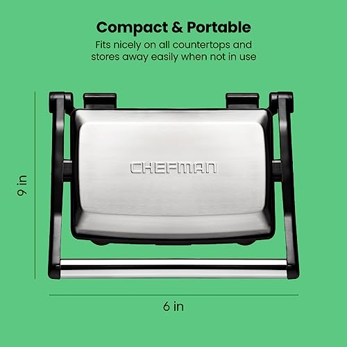Chefman Electric Panini Press Grill, Compact 2-Slice Sandwich Maker, Non-Stick Coated Plates, Opens 180 Degrees, Dishwasher Safe, Removable Drip Tray, Stainless Steel/Black