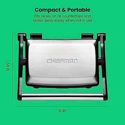 Chefman Electric Panini Press Grill, Compact 2-Slice Sandwich Maker, Non-Stick Coated Plates, Opens 180 Degrees, Dishwasher Safe, Removable Drip Tray, Stainless Steel/Black