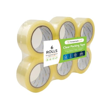PSBM Clear Packing Tape, 6 Rolls, 1.6 Mil Thick, 1.88 Inch Wide, 110 Yards Per Roll, Total 660 Yards, Heavy Duty Tape for Packaging, Shipping, Moving & Sealing - size: 6 Rolls