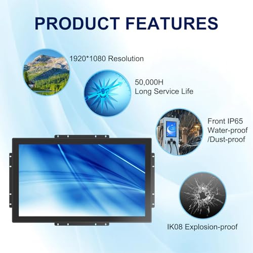 Industrial Open Frame Touch Monitor 23.8 Inch Multi-Touch Screen Display, 1920x1080 Resolution with VESA Mount & Open Bracket Installation, Vending and Digital Signage, 7x24h Work - size: 23.8