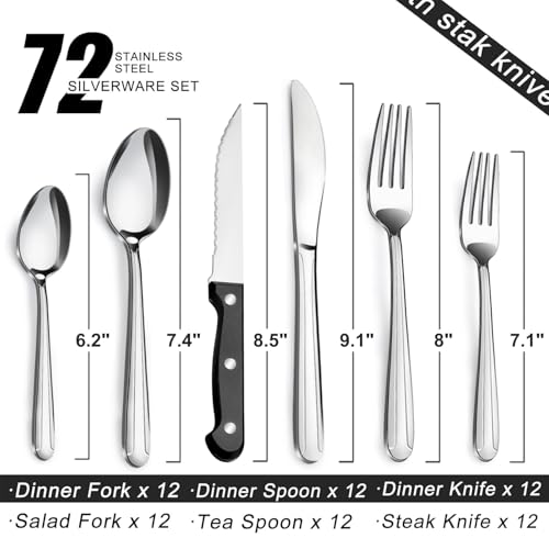 Pleafind 72-Pieces Silverware Set for 12, Flatware Set with Steak Knives, Stainless Steel Cutlery Set, Include Forks Spoons and Knives Set, Dishwasher Safe Utensil Sets for Home Restaurant - color: Argent, size: 72P