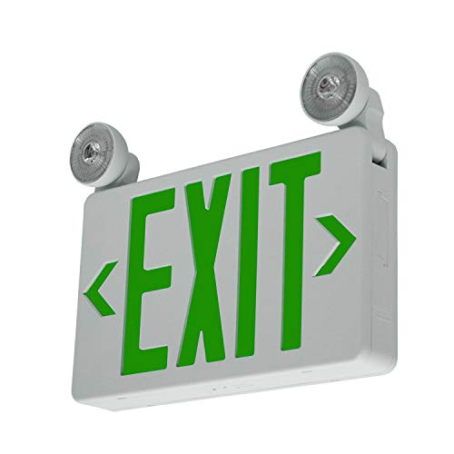 LFI Lights | Compact Combo Green Exit Sign with Emergency Lights | White Housing | All LED | Two Adjustable Round Heads | Hardwired with Battery Backup | UL Listed | (2 Pack) | COMBOC-G - color: Green Lettering, size: 2 Pack