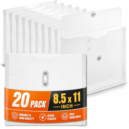1InTheOffice Poly Envelopes Expandable Plastic Clear Envelope with Button & String Closure, Letter Size, Clear, 20 Pack - size: One Size