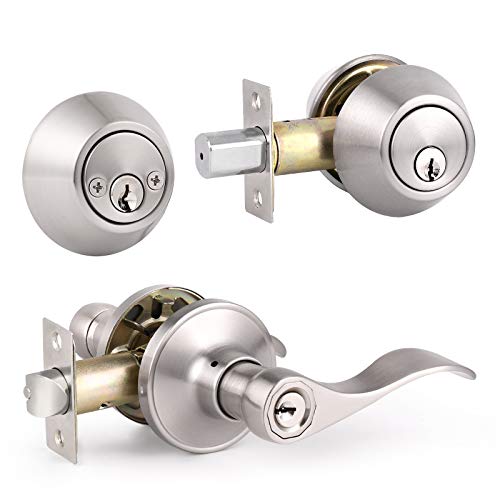 Knobonly 1 Set Entry Door Lever and Deadbolt Lock Set, Deadbolts Keyed Both Sides, All Keyed Same, Wave Style Front and Exterior Door Handleset with Double Cylinder, Satin Nickel Finish - color: Satin Nickel, size: 1 Pack, style: Double Cylinder