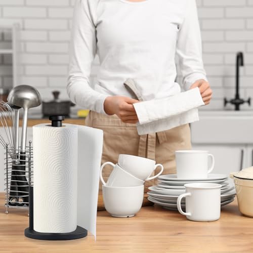 Black Paper Towel Holder Countertop - Weighted Stainless Steel Paper Towel Stand with Non-Slip Base & One-Hand Tear Design for Kitchen, Fits Standard & Jumbo Rolls