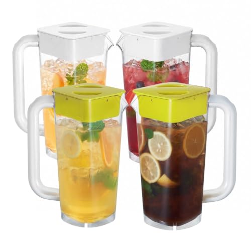 CURTA 4 Pack 2L/68 oz Plastic Pitcher with Lid & Handle, Large Capacity Water Jug with Measurement Marks, Clear Fridge Pitcher for Iced Tea, Juice, Lemonade & Cold Beverages - color: White-yellow-4pack