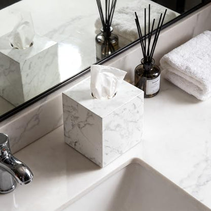 Natural Marble Tissue Box Holder Cover, Square Cube Tissue Box Holder with Open Bottom for Bathroom Vanity Tops, Bedroom Dressers, Kitchen Countertop, White Tissue Box(NS021) - color: White