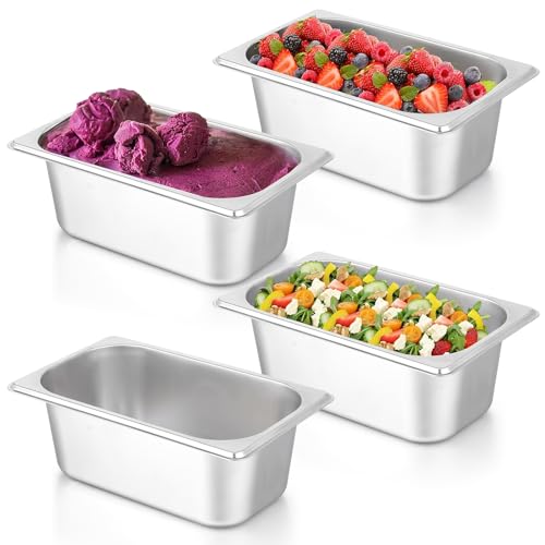 4 Pack Hotel Pans, 1/4 Size 4" Deep Stainless Steel Steam Table Serving Pan, Buffet Dinner Catering Food Pans, Warmer Breading Tray Batter Pan for Restaurant Salad Bar Party Supplies