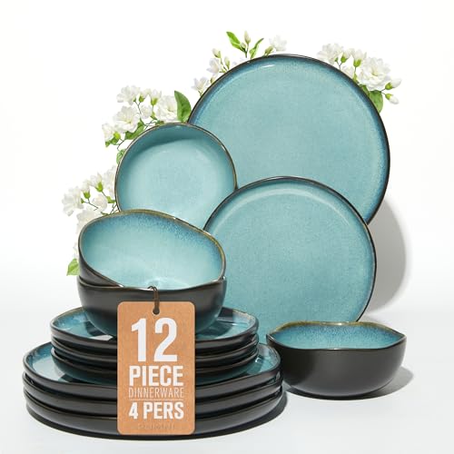 Pokini Stoneware Dinnerware Sets for 4, 12Pcs Ceramic Plates and Bowls Sets - color: Green Black, size: Set (12pcs)