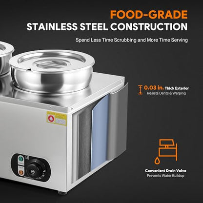 WILPREP Commercial Food Warmer with Two 7.4 QT Inserts, 1500W Countertop Electric Steam Table, 86-185°F Adjustable Temp Control & Over-Temp Protection, Stainless Steel - size: 7L*2
