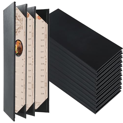 Restaurant Menu Covers Holders 4.25" x 11" | Pack of 10 Synthetic Leather Quad Fold Panels 6 View Angled Corners Black for Wine List, Drinks (10, Quad Fold Panels 6 View (4.25 x 11 inch)) - size: Quad Fold Panels 6 View (4.25 x 11 inch )