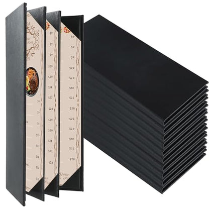 Restaurant Menu Covers Holders 4.25" x 11" | Pack of 10 Synthetic Leather Quad Fold Panels 6 View Angled Corners Black for Wine List, Drinks (10, Quad Fold Panels 6 View (4.25 x 11 inch)) - size: Quad Fold Panels 6 View (4.25 x 11 inch )