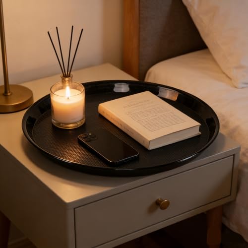 4 Pack 13.58 Inch Round Non-Slip Tray, Restaurant Serving Tray - color: Black