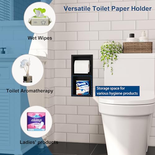 Qeke Recessed Toilet Paper Holder, Dual Rolls Tissue Toilet Holder, Black - color: Matte Black