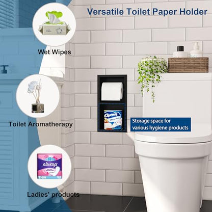 Qeke Recessed Toilet Paper Holder, Dual Rolls Tissue Toilet Holder, Black - color: Matte Black