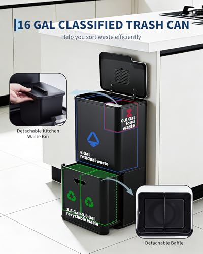 Garvee Dual Trash Can for Kitchen, 2 Compartment (33L + 28L) Garbage Can - color: Black, size: 33L+28L