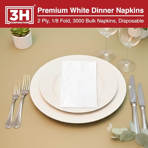 1/8 Fold White Dinner Napkins Disposable, 2-Ply 3000 Paper Napkins Bulk (20 Pack, 150/Pack), 7.1" x 4.1" Folded, Premium Servilletas for Restaurant, Catering & Everyday Lunch Refill - size: 3000 Ct 1/8-Fold