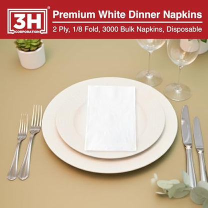 1/8 Fold White Dinner Napkins Disposable, 2-Ply 3000 Paper Napkins Bulk (20 Pack, 150/Pack), 7.1" x 4.1" Folded, Premium Servilletas for Restaurant, Catering & Everyday Lunch Refill - size: 3000 Ct 1/8-Fold