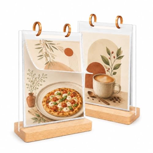 2Pcs Flip Menu Holder, with 6 Pages Sleeve, Removable Pages, 5.5" X 8.5" Table Sign Display Stand, with Wooden Base, Rotating Poster Rack, for Photo, Restaurant, Job Fair - size: Beechwood Color-5.5X8.5"-2pcs