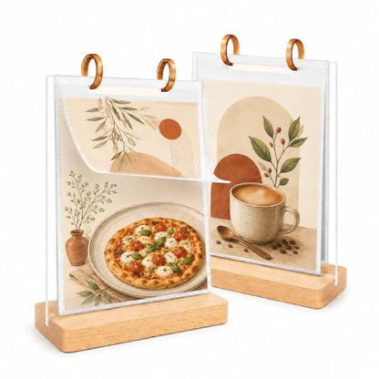 2Pcs Flip Menu Holder, with 6 Pages Sleeve, Removable Pages, 5.5" X 8.5" Table Sign Display Stand, with Wooden Base, Rotating Poster Rack, for Photo, Restaurant, Job Fair - size: Beechwood Color-5.5X8.5"-2pcs