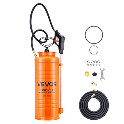 VEVOR Industrial Concrete Sprayer, 3.5 Gallon Stainless Steel Sprayer, Heavy Duty Tri-Poxy Pump Sprayers, 20.5"Wand with Ergonomic Gun Handle, 48"& 120"Hose, 2 Brass Nozzles for Construction, Garden - size: 3.5 Gal Basic