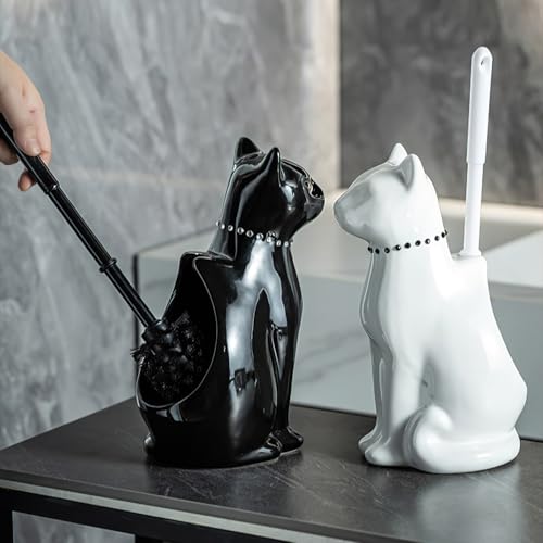 Cat Toilet Brush Holder - Ceramic Whimsical Feline Design with Wide-Mouth Storage, Black Toilet Bowl Brush and Holder Set Cute for Bathroom Ground, Easy-Clean Cat Lover Gift (White)