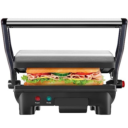 Chefman Electric Panini Press Grill, Compact 2-Slice Sandwich Maker, Non-Stick Coated Plates, Opens 180 Degrees, Dishwasher Safe, Removable Drip Tray, Stainless Steel/Black
