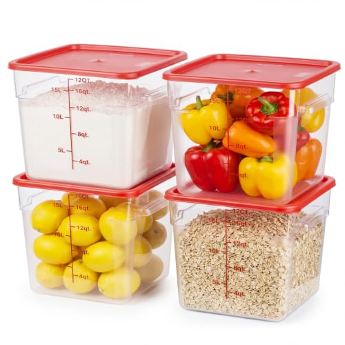 4 Pack Food Storage Containers with Red Lids, 12.0 Qt - Square, Clear, Polycarbonate, for Restaurant Commercial Kitchen and Home party - color: 12.0 Qt-Red Lids