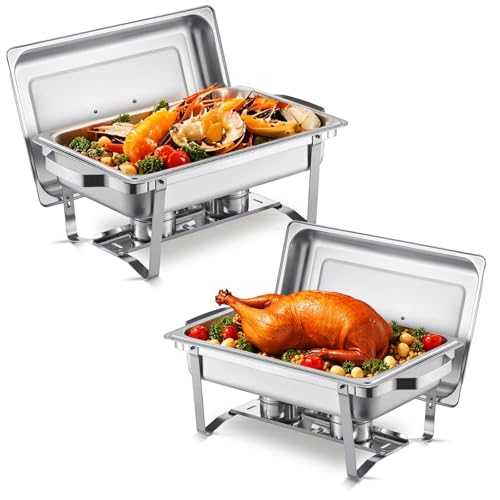 VEVOR Chafing Dish Buffet Set, 2 Pack Stainless Chafer with 2 Full Pans, Rectangle Catering Warmer Server with Lid Water Pan Folding Stand Fuel Tray Holder Clip - color: Silver, size: 2 Pack