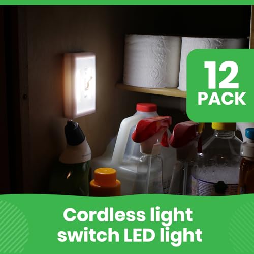 LitezAll COB LED Light Switch Night Light, 12-Pack 200 Lumen Wireless Battery Operated Wall Lights, Stick-On Switch Lights for Closets, Cabinets, Hallways, Garage, Gifts for Men – Batteries Included - style: 12-Pack