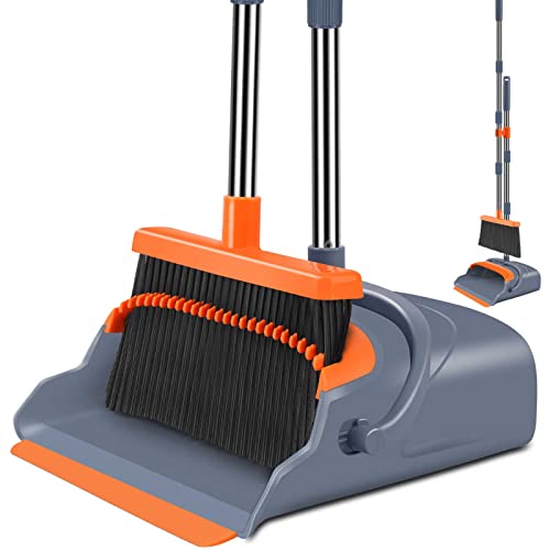 Upgrade Broom and Dustpan Set, Self-Cleaning with Dustpan Teeth, Indoor&Outdoor Sweeping, Ideal for Dog Cat Pets Home Use, Stand Up Broom and Dustpan (Gray&Orange) - color: Gray&orange