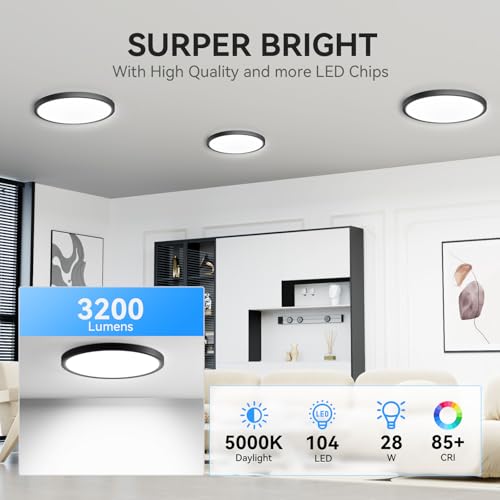 WKONCLDY 3200lm LED Flush Mount Ceiling Light, Super Slim 12 inch LED Ceiling Light, 5000K LED Ceiling Light for Bedroom, Living Room, Dining Room (Black, One Pack) - color: Black, size: 12in-1Pack