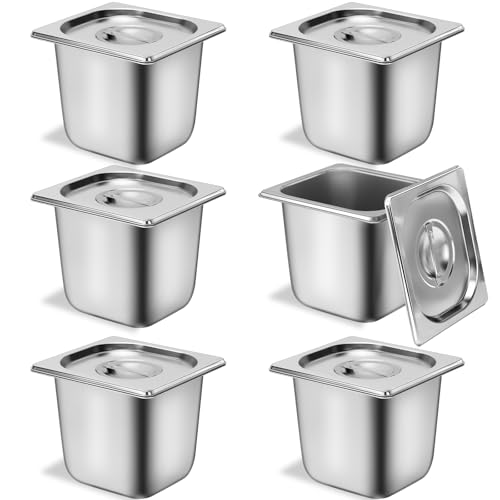 6 Pack 1/6 Size Stainless Steel Hotel Pans With Lids, 6 Inch Deep