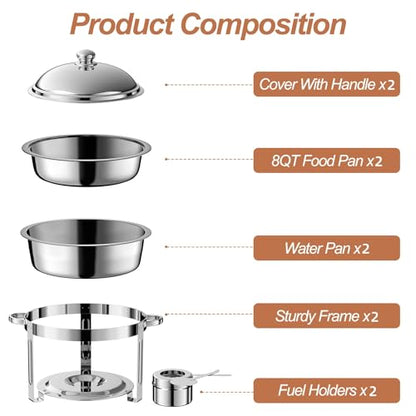 2 Pack 8QT Round Chafing Dish for Buffet Set with Lids, Silver - color: Silver-02